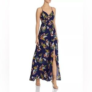 Aqua Tropical Print Maxi Dress Front Slit Open Back Small